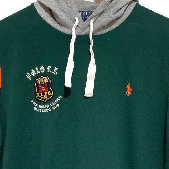 Polo Ralph Lauren Rugby Green Hoodie with Striped Sleeves Size Medium - Picture 7 of 7